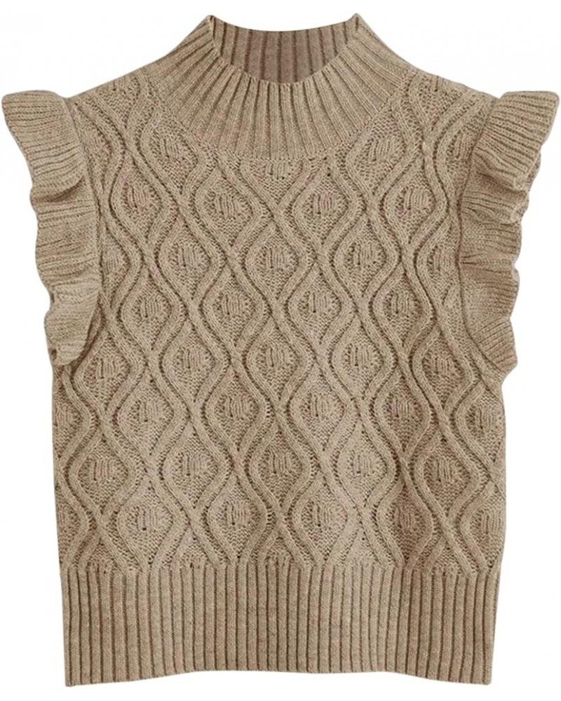 Women's Ruffle Armhole Solid Sweater Vest Casual Mock Neck Sleeveless Knitted Sweater Streetwear Khaki $20.34 Sweaters