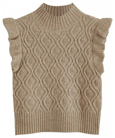 Women's Ruffle Armhole Solid Sweater Vest Casual Mock Neck Sleeveless Knitted Sweater Streetwear Khaki $20.34 Sweaters