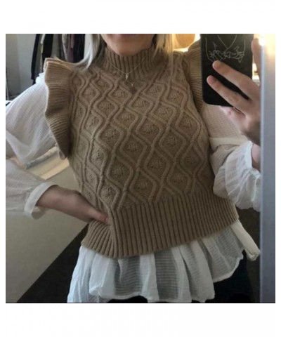 Women's Ruffle Armhole Solid Sweater Vest Casual Mock Neck Sleeveless Knitted Sweater Streetwear Khaki $20.34 Sweaters