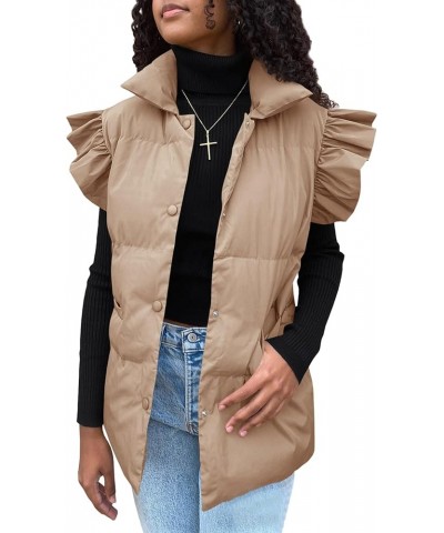 Women's Ruffle Sleeve Puffer Vest Quilted Lightweight Button Padded Vest Winter Coat With Pockets Khaki $16.28 Vests