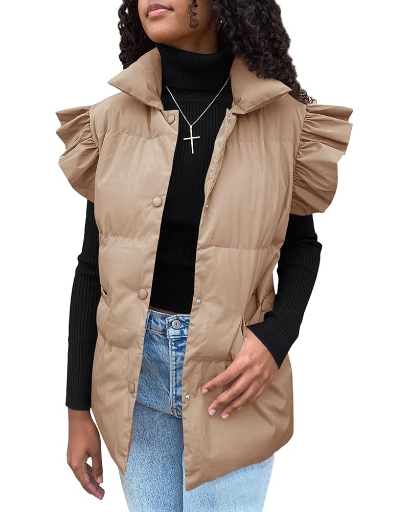 Women's Ruffle Sleeve Puffer Vest Quilted Lightweight Button Padded Vest Winter Coat With Pockets Khaki $16.28 Vests