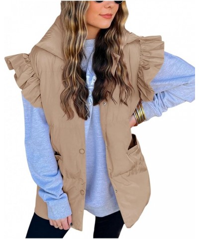 Women's Ruffle Sleeve Puffer Vest Quilted Lightweight Button Padded Vest Winter Coat With Pockets Khaki $16.28 Vests