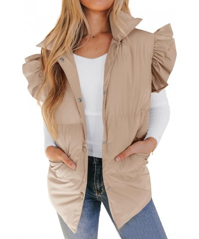 Women's Ruffle Sleeve Puffer Vest Quilted Lightweight Button Padded Vest Winter Coat With Pockets Khaki $16.28 Vests