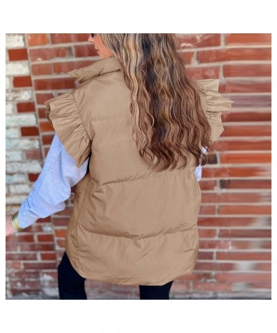 Women's Ruffle Sleeve Puffer Vest Quilted Lightweight Button Padded Vest Winter Coat With Pockets Khaki $16.28 Vests