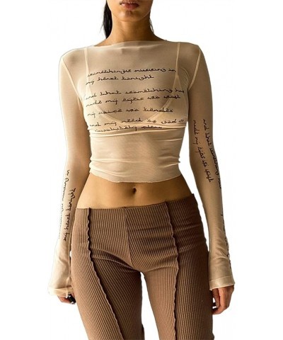 Women's Long Sleeve Crewneck Butterfly Print Sexy Sheer Mesh Crop Top Apricot $9.71 T-Shirts