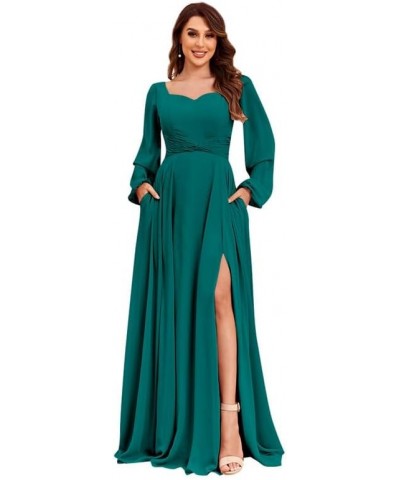 Women's Elegant V-Neck Long Sleeve Bridesmaid Dresses A-line Chiffon Mother of The Bride Dress Teal $28.04 Dresses