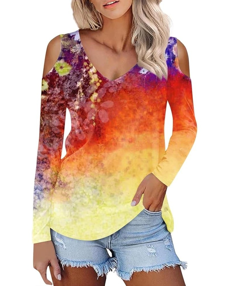 Long Sleeve Tops for Women 2024 Womens Fashion Print Flower T Shirts for Women V-Neck Casual Loose Shirts Basic Tee 02-orange...