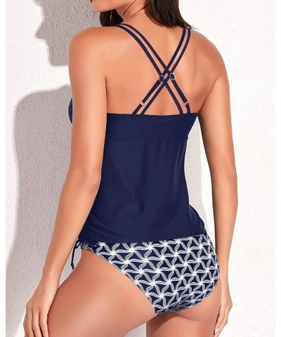 Women Two Piece Tankini Swimsuits Tummy Control Bathing Suits V Neck Tank Top with Bikini Bottom Blue Geometric $12.50 Swimsuits