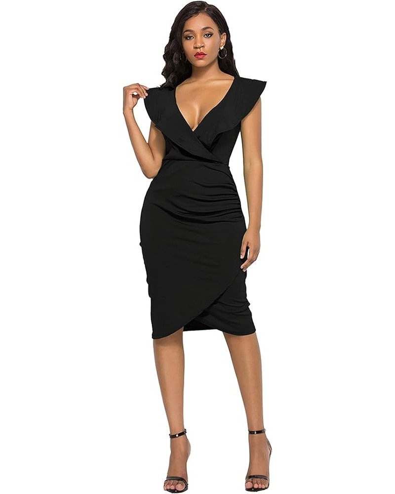 Womens Ruffle V-Neck Dress Sleeveless Cocktail Evening Gown Party Falbala Bodycon Dresses Black $20.39 Dresses