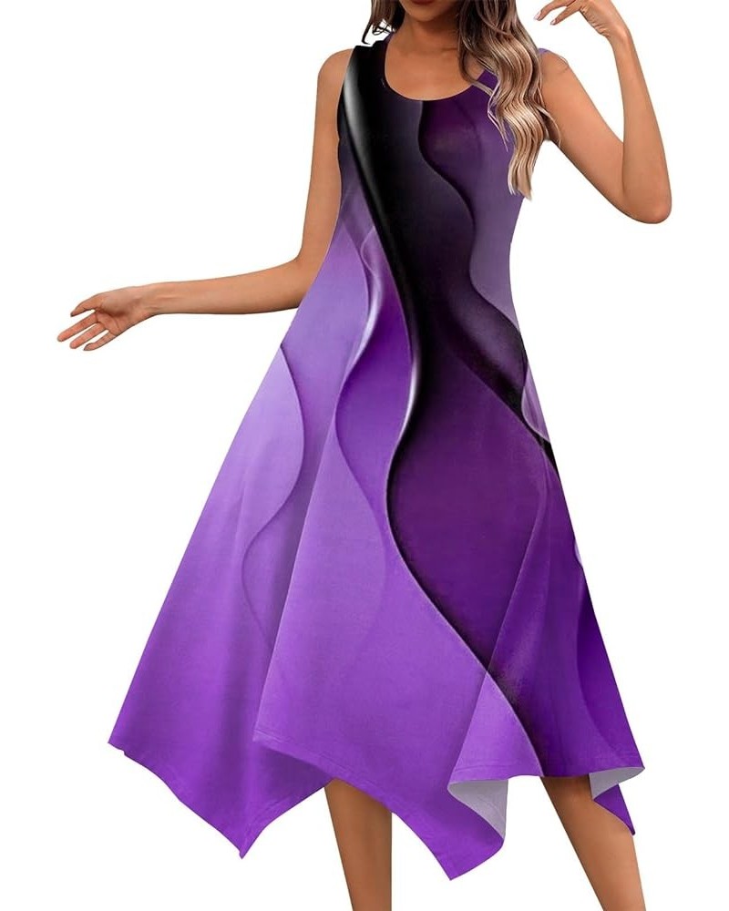 Summer Spring Dress for Women Casual Fashion Round Neck Sleeveless Dress Printed Slim Fit Irregular Midi Dress 04-purple $5.6...