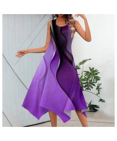 Summer Spring Dress for Women Casual Fashion Round Neck Sleeveless Dress Printed Slim Fit Irregular Midi Dress 04-purple $5.6...