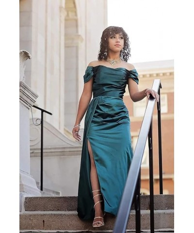 Off Shoulder Prom Dresses for Women 2024 Satin Bridesmaid Dress Long with Train Formal Evening Party Gown with Slit DR0005 Iv...