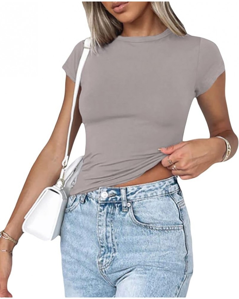 Skinny Cut Out Crop Tops Women Fitted Short Sleeve Cropped Tshirts Going Out Workout Tops Y2k Streetwear Az-light Grey $6.04 ...