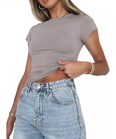 Skinny Cut Out Crop Tops Women Fitted Short Sleeve Cropped Tshirts Going Out Workout Tops Y2k Streetwear Az-light Grey $6.04 ...