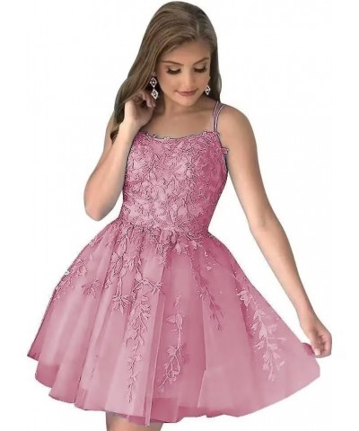 Lace Appliques Homecoming Dresses for Teens Tulle Spaghetti Strap Short Prom Dress A Line Cocktail Dress Dusty Pink $26.46 Dr...