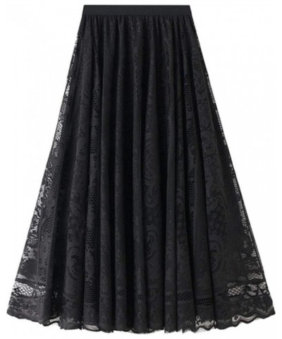 Women's Long Tulle Skirt Hem Skirt High Elastic Waist Midi Skirt Flowing Lace Winter Fall Black $14.29 Skirts