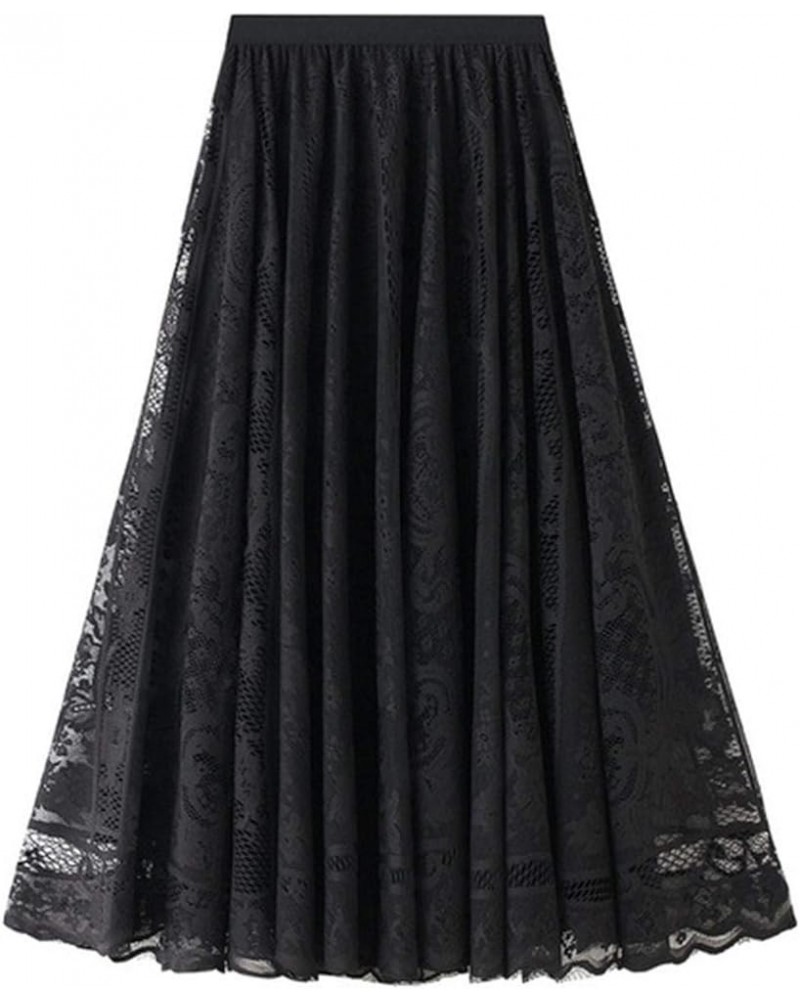 Women's Long Tulle Skirt Hem Skirt High Elastic Waist Midi Skirt Flowing Lace Winter Fall Black $14.29 Skirts