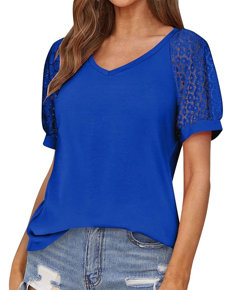 Lace Puff Sleeve Tops for Women Plus Raglan Stitching Solid Tunic Ladies Tops V Neck Shirts Women Summer Tshirts O09-blue $10...