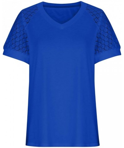 Lace Puff Sleeve Tops for Women Plus Raglan Stitching Solid Tunic Ladies Tops V Neck Shirts Women Summer Tshirts O09-blue $10...