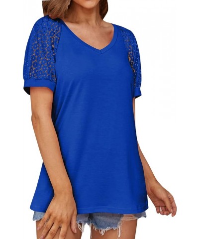 Lace Puff Sleeve Tops for Women Plus Raglan Stitching Solid Tunic Ladies Tops V Neck Shirts Women Summer Tshirts O09-blue $10...