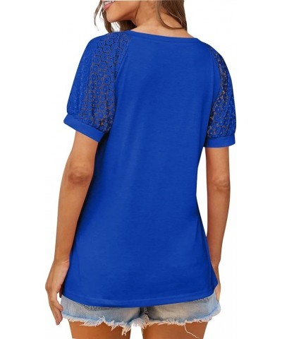 Lace Puff Sleeve Tops for Women Plus Raglan Stitching Solid Tunic Ladies Tops V Neck Shirts Women Summer Tshirts O09-blue $10...