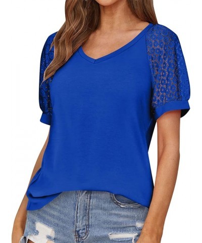 Lace Puff Sleeve Tops for Women Plus Raglan Stitching Solid Tunic Ladies Tops V Neck Shirts Women Summer Tshirts O09-blue $10...