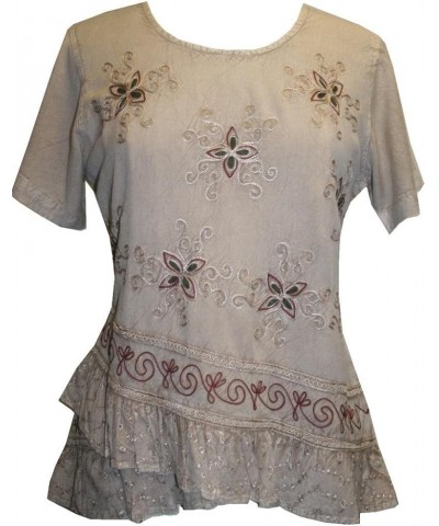 Womens Medieval Vintage Plus Size Summer Short Sleeve Round Neck Embroidered Top Blouse Beige $21.39 Blouses