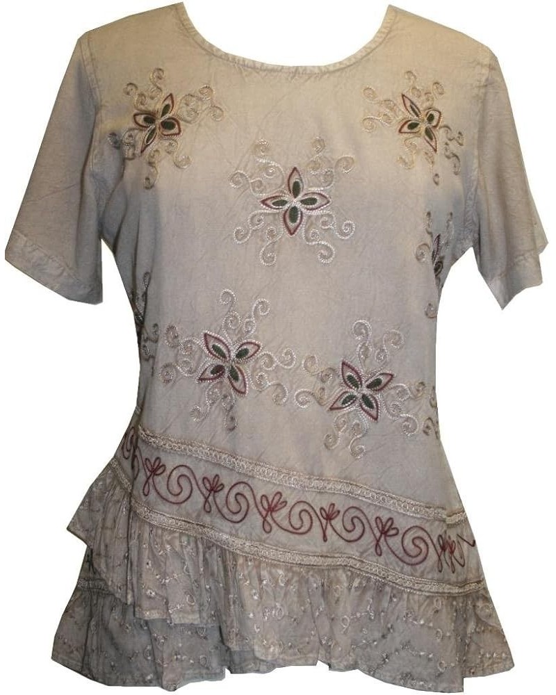 Womens Medieval Vintage Plus Size Summer Short Sleeve Round Neck Embroidered Top Blouse Beige $21.39 Blouses