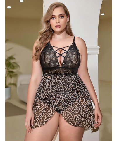 Plus Size Babydoll Womens Snap Crotch Lingerie V Neck Lace Nighty Sleepwear L-5XL B-leopard Print $13.99 Lingerie