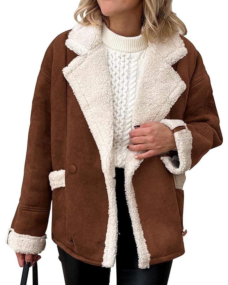Womens 2024 Winter Suede Coats Fleece Sherpa Lined Jacket Faux Fur Lapel Pockets Warm Fall Fashion Outerwear Dark Brown $10.7...