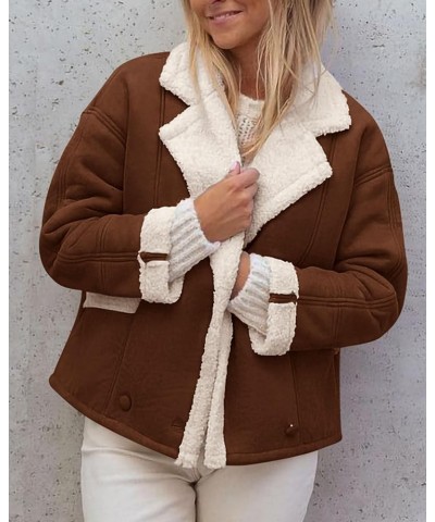 Womens 2024 Winter Suede Coats Fleece Sherpa Lined Jacket Faux Fur Lapel Pockets Warm Fall Fashion Outerwear Dark Brown $10.7...