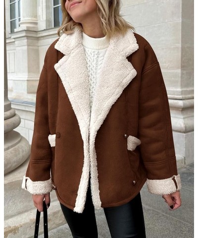 Womens 2024 Winter Suede Coats Fleece Sherpa Lined Jacket Faux Fur Lapel Pockets Warm Fall Fashion Outerwear Dark Brown $10.7...