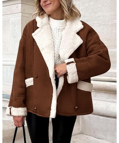 Womens 2024 Winter Suede Coats Fleece Sherpa Lined Jacket Faux Fur Lapel Pockets Warm Fall Fashion Outerwear Dark Brown $10.7...