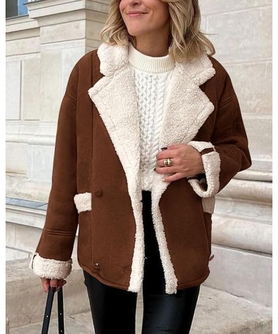 Womens 2024 Winter Suede Coats Fleece Sherpa Lined Jacket Faux Fur Lapel Pockets Warm Fall Fashion Outerwear Dark Brown $10.7...