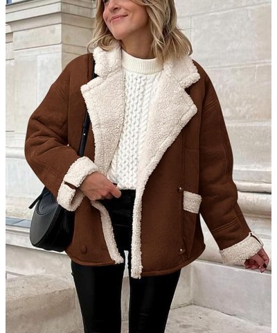 Womens 2024 Winter Suede Coats Fleece Sherpa Lined Jacket Faux Fur Lapel Pockets Warm Fall Fashion Outerwear Dark Brown $10.7...