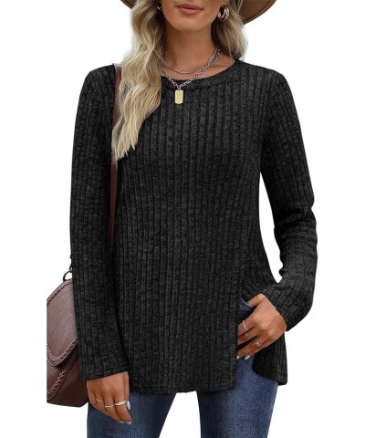 Sweaters for Women Long Sleeve Crewneck Side Split Hem Tunic Tops Black $9.89 Sweaters