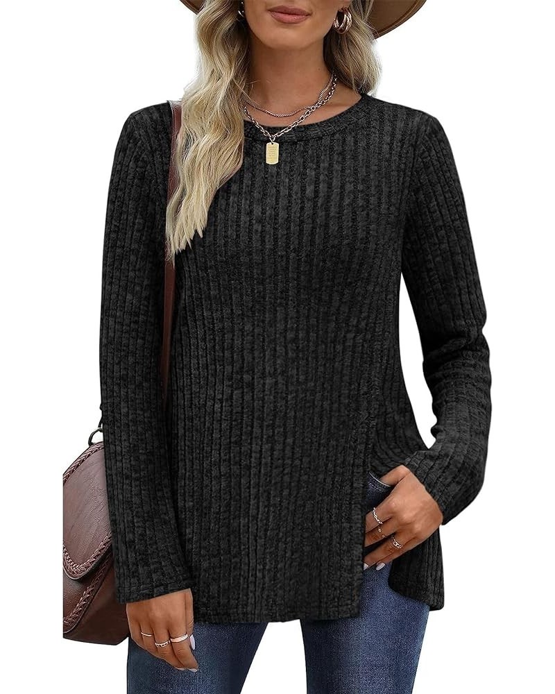 Sweaters for Women Long Sleeve Crewneck Side Split Hem Tunic Tops Black $9.89 Sweaters