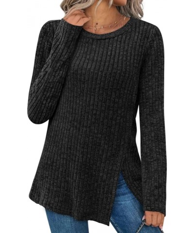 Sweaters for Women Long Sleeve Crewneck Side Split Hem Tunic Tops Black $9.89 Sweaters