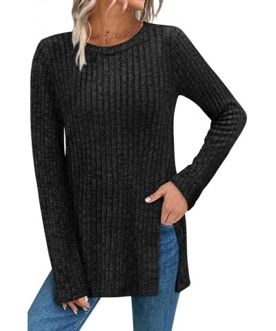 Sweaters for Women Long Sleeve Crewneck Side Split Hem Tunic Tops Black $9.89 Sweaters