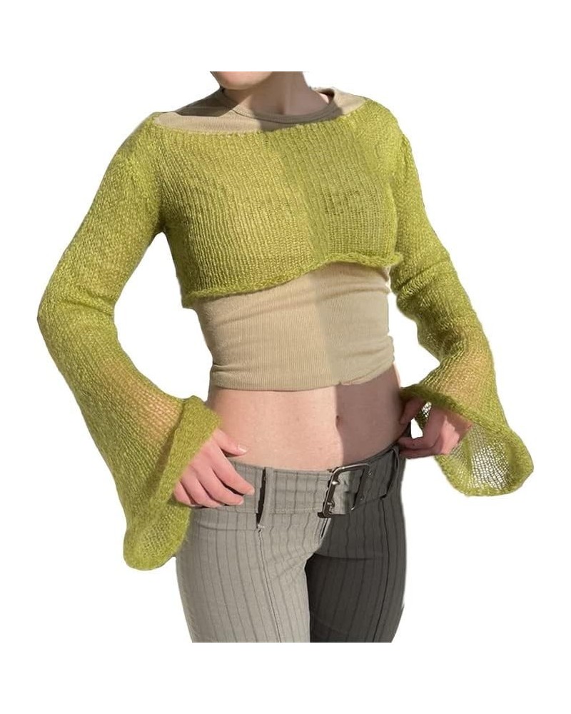 Y2k Knit Long Sleeve Shrug Crop Top Cut Out Crochet Bolero Tops See Through Sweater Harajuku Vintage Streetwear Green $11.50 ...