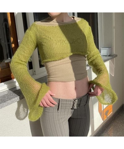 Y2k Knit Long Sleeve Shrug Crop Top Cut Out Crochet Bolero Tops See Through Sweater Harajuku Vintage Streetwear Green $11.50 ...