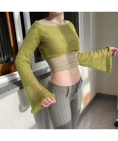 Y2k Knit Long Sleeve Shrug Crop Top Cut Out Crochet Bolero Tops See Through Sweater Harajuku Vintage Streetwear Green $11.50 ...