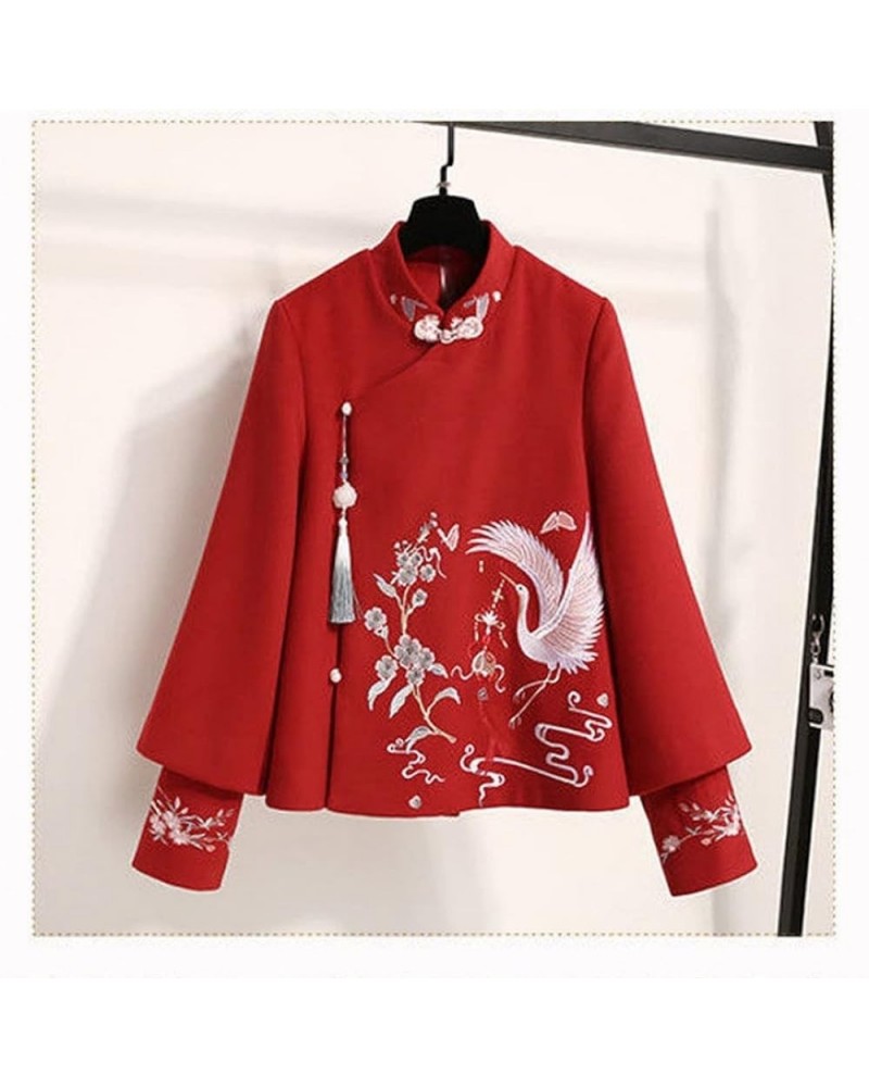Chinese Embroidery Thin Coat Women's Coat Woolen Spring Cheongsam Hanfu Skirt (Color : Auburn, Size : L 50kg-57kg) XXL 60kg-6...