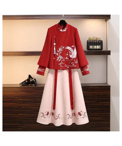 Chinese Embroidery Thin Coat Women's Coat Woolen Spring Cheongsam Hanfu Skirt (Color : Auburn, Size : L 50kg-57kg) XXL 60kg-6...