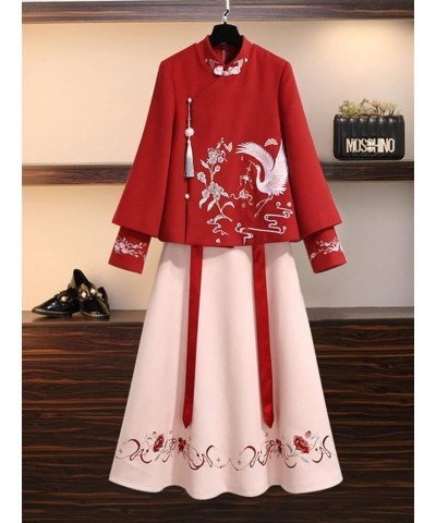 Chinese Embroidery Thin Coat Women's Coat Woolen Spring Cheongsam Hanfu Skirt (Color : Auburn, Size : L 50kg-57kg) XXL 60kg-6...