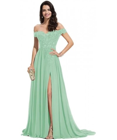 Off The Shoulder Long Prom Dresses with Slit Lace Appliques Chiffon Formal Evening Party Gowns for Women Mint $35.69 Dresses