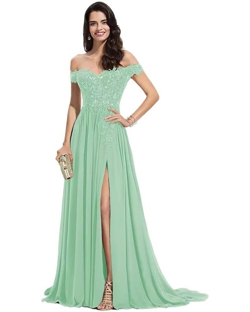 Off The Shoulder Long Prom Dresses with Slit Lace Appliques Chiffon Formal Evening Party Gowns for Women Mint $35.69 Dresses