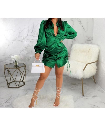 Women's Sexy Button Down Shirts Mini Dresses V Neck Long Sleeve Loose Long T-Shirts Tops Collar Blouse Dress 10959-1green $15...