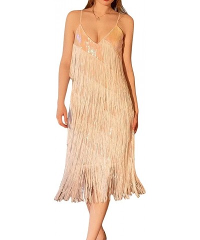 Women Sexy Sequin Fringe Bodycon Mini Spaghetti Strap V Neck Backless Vintage Tassel Sparkly Party Club Dance Dress D-white $...