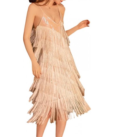 Women Sexy Sequin Fringe Bodycon Mini Spaghetti Strap V Neck Backless Vintage Tassel Sparkly Party Club Dance Dress D-white $...